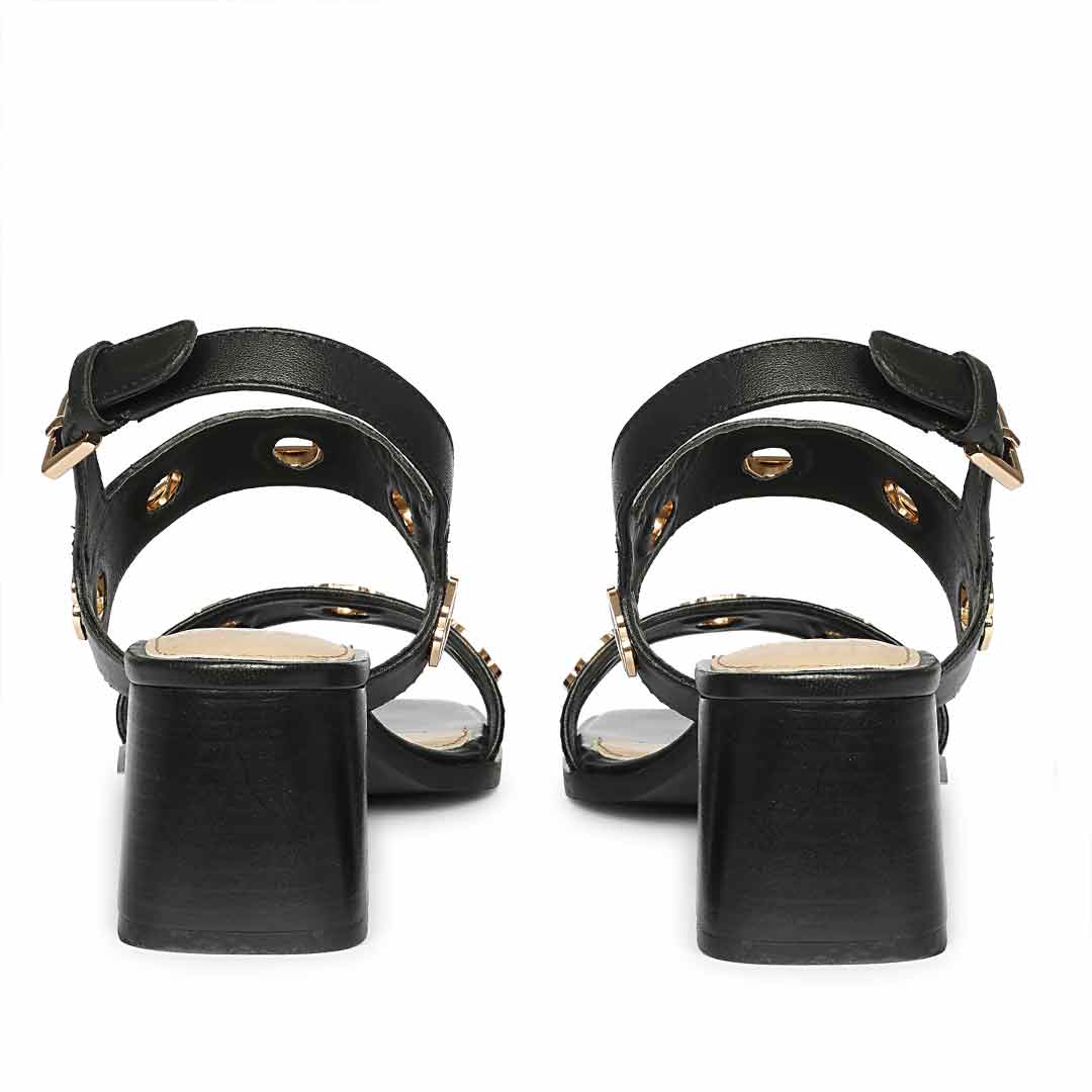 Saint Alviera Gold Flower Eyelets Leather Block Heels