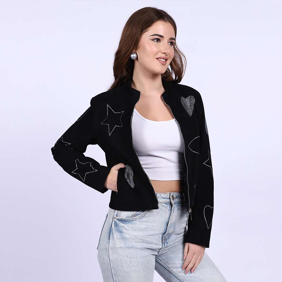 Saint Venessa Stone Embossed Black Leather Women Biker Jackets