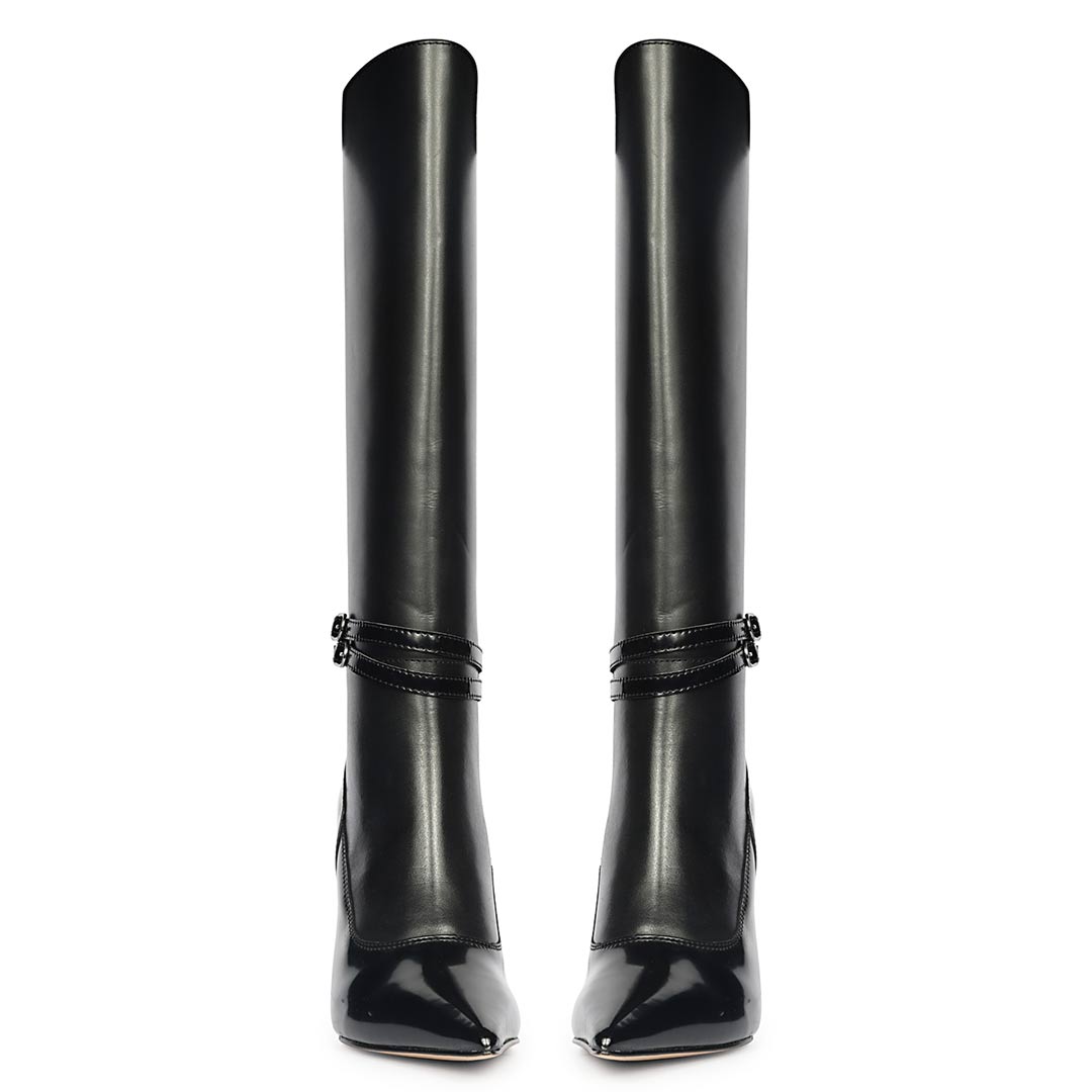 Saint Rey Buckle Decor Black Leather Long Boots