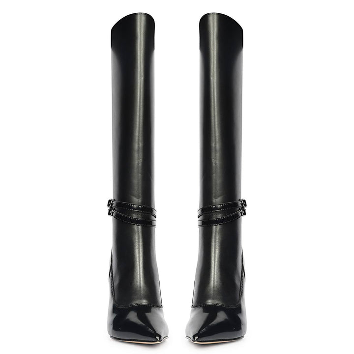 Saint Rey Buckle Decor Black Leather Long Boots