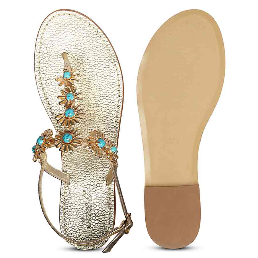 Saint Freesia Turquoise Flower Gold Leather Sandals