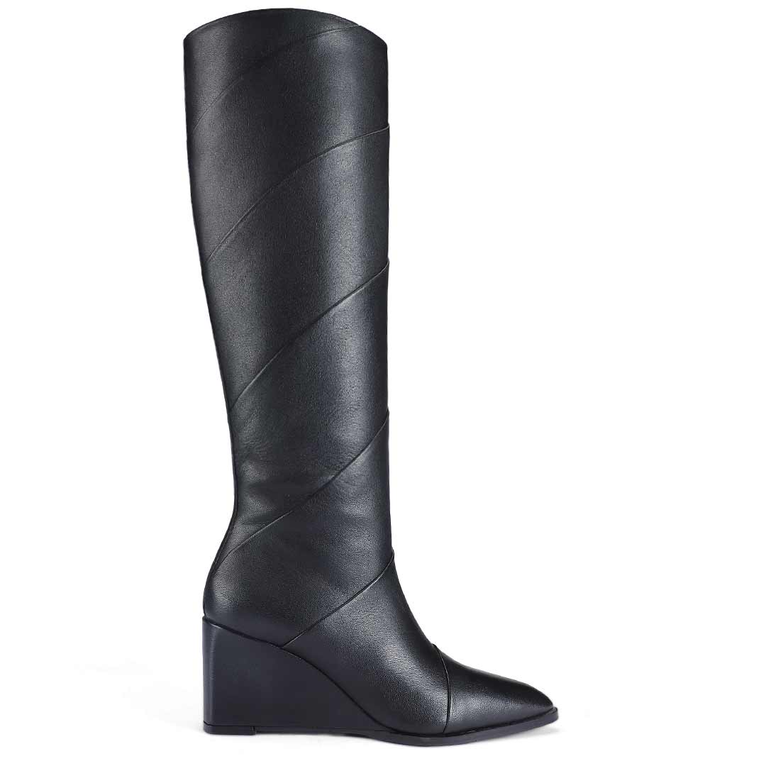 Saint Novara Folded Black Leather Wedge Long Boots