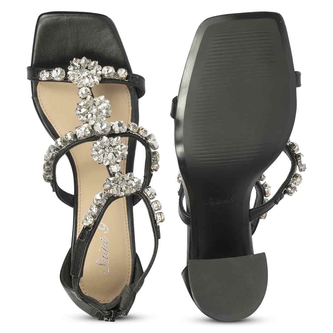 Saint Holly Crystal Stone Black Leather Block Heels