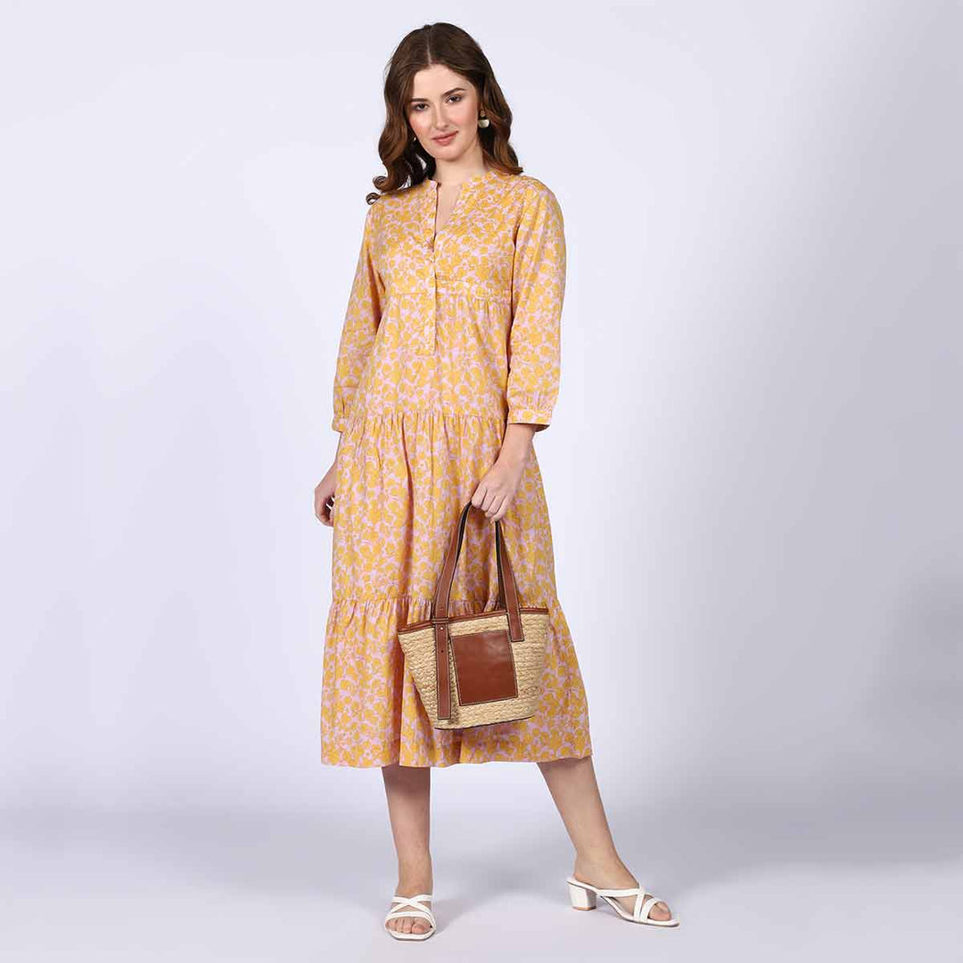 Saint Valentina Yellow Multicolour Tiered Cotton Maxi Dress