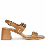 Saint Alviera Gold Flower Eyelets Tan Leather Block Heels