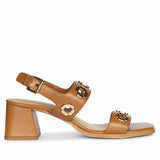 Saint Alviera Gold Flower Eyelets Tan Leather Block Heels