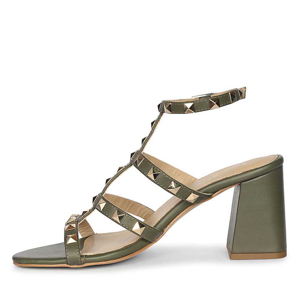 Saint Angela Gold Studs Olive Leather Block Heels