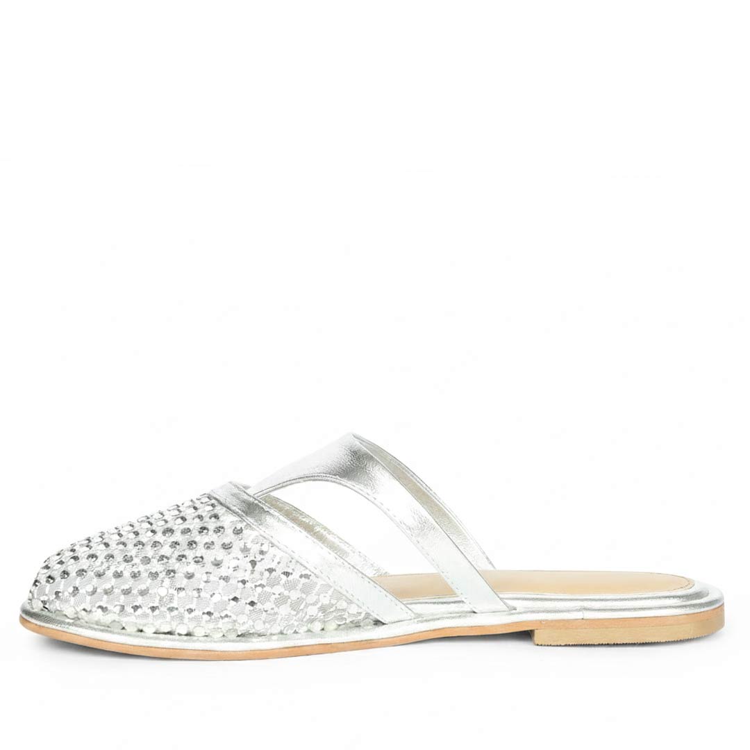 Saint Nerissa Crystal Mesh Silver Leather Mule Flats