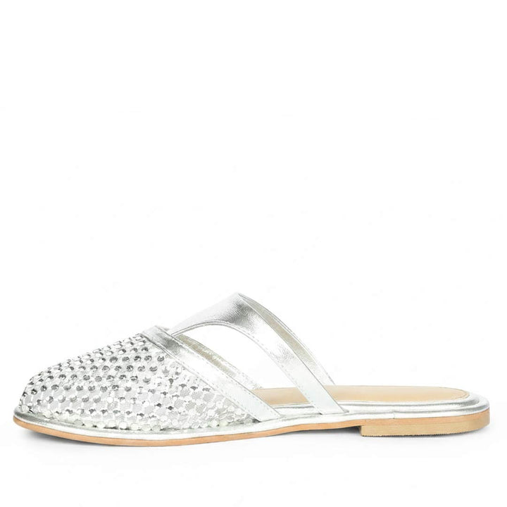 Saint Nerissa Crystal Mesh Silver Leather Mule Flats