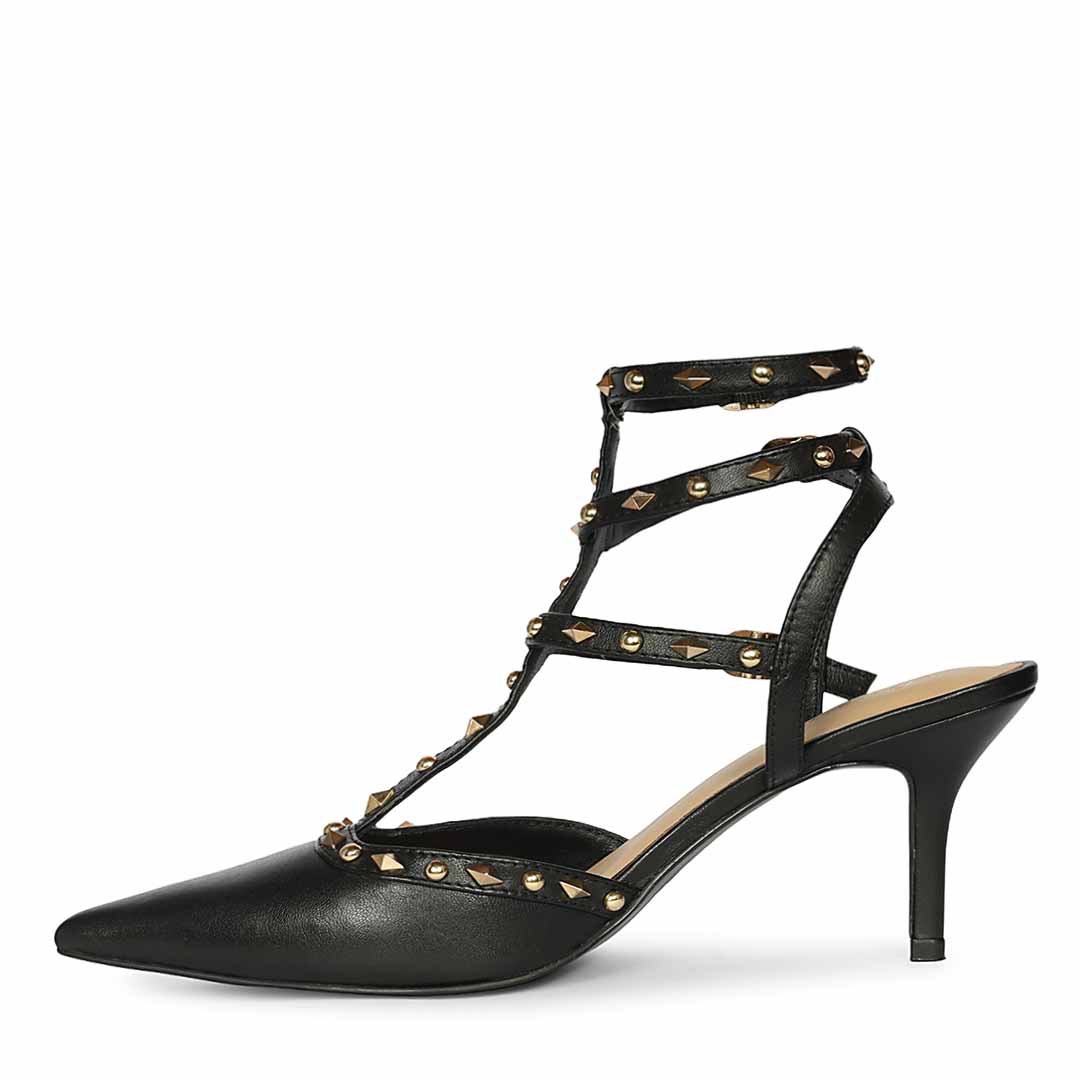 Saint Vorela Studded Multi Strap Black Leather Heels
