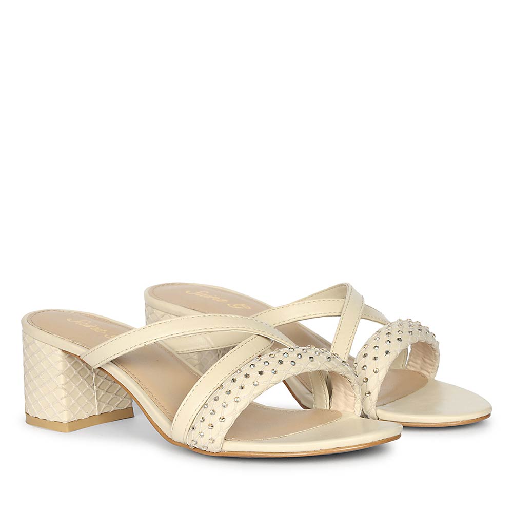 Saint Alessia Embellished Off-White Vegan Leather Block Heels