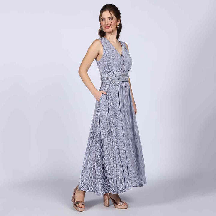 Saint Isabelle Blue Cotton Striped Maxi Dress