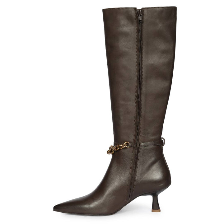 Saint Freya Chain Embellished Brown Leather Long Boots