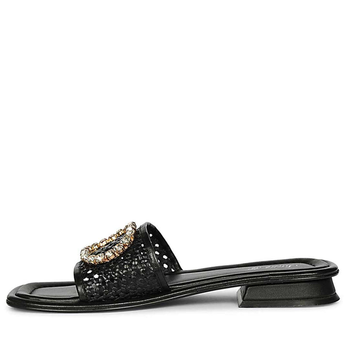 Saint Carly Black Woven Leather Crystal Buckle Slide