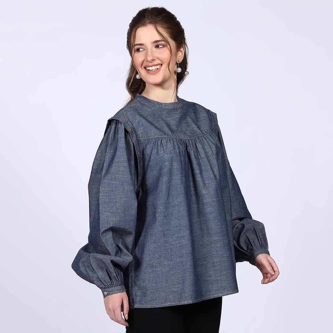 Saint Hazel Grey Cotton Chambray Top