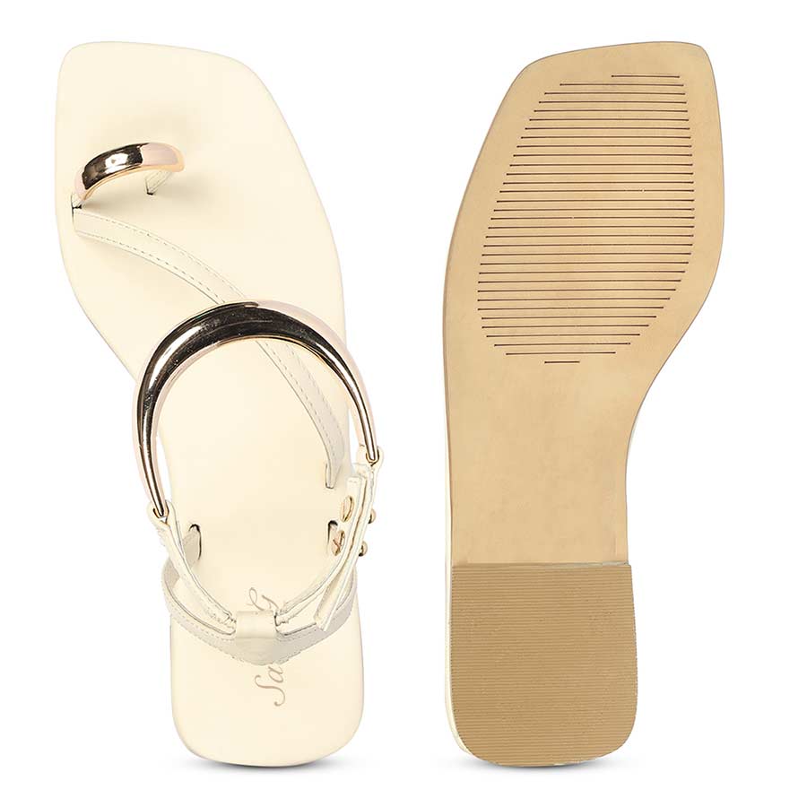 Saint Zinovia Gold-Trim Off White Leather Sandals