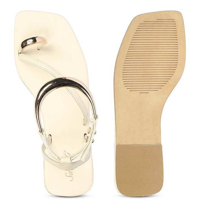 Saint Zinovia Gold-Trim Off White Leather Sandals