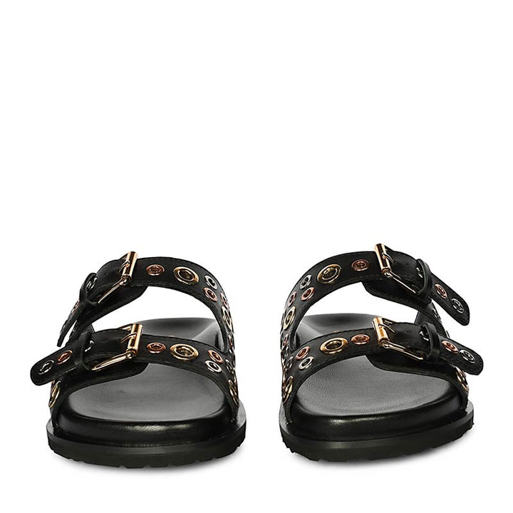 Saint Grethe Eyelets Black Leather Footbed Sandals