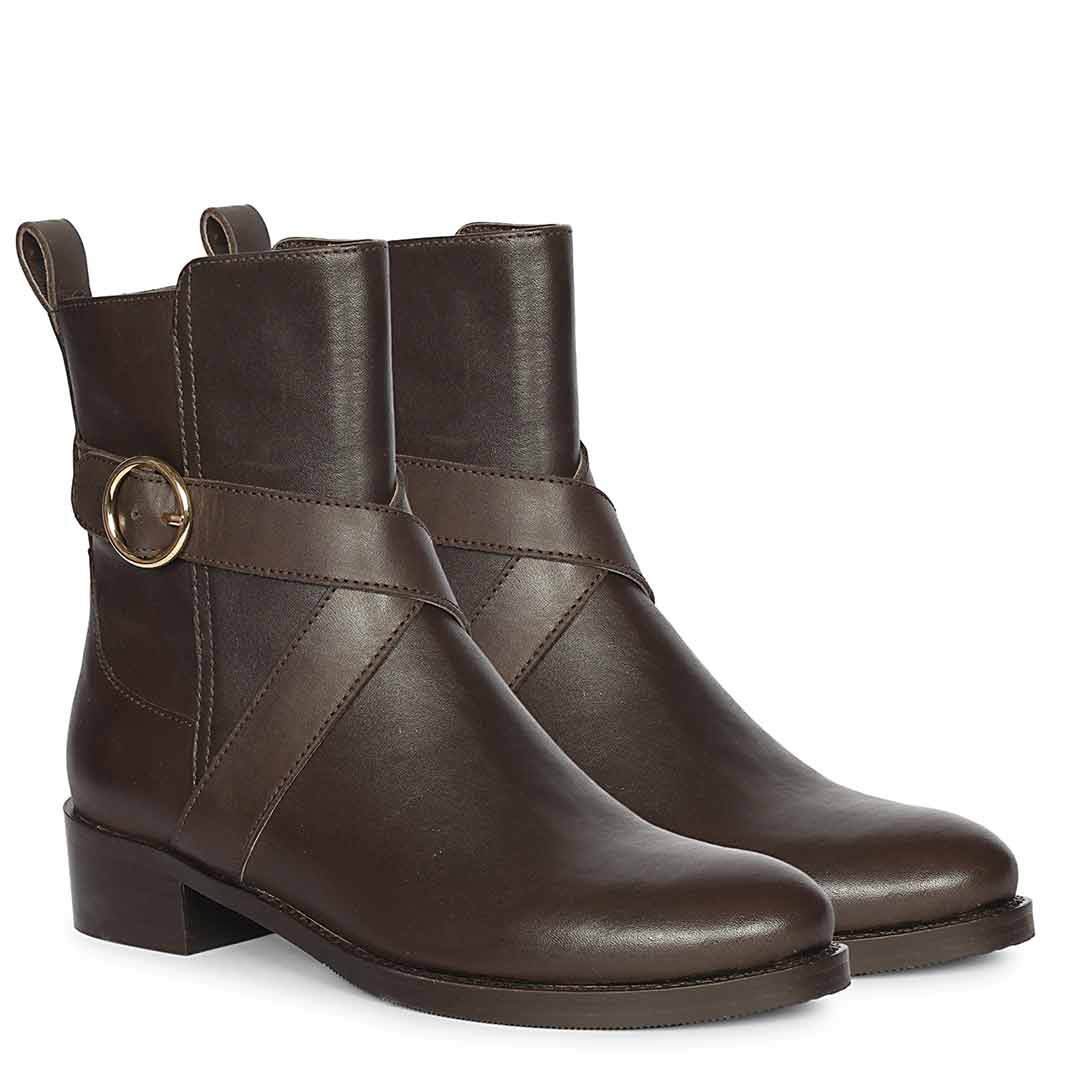 Saint Valentina Gold Buckle Brown Leather Ankle Boots