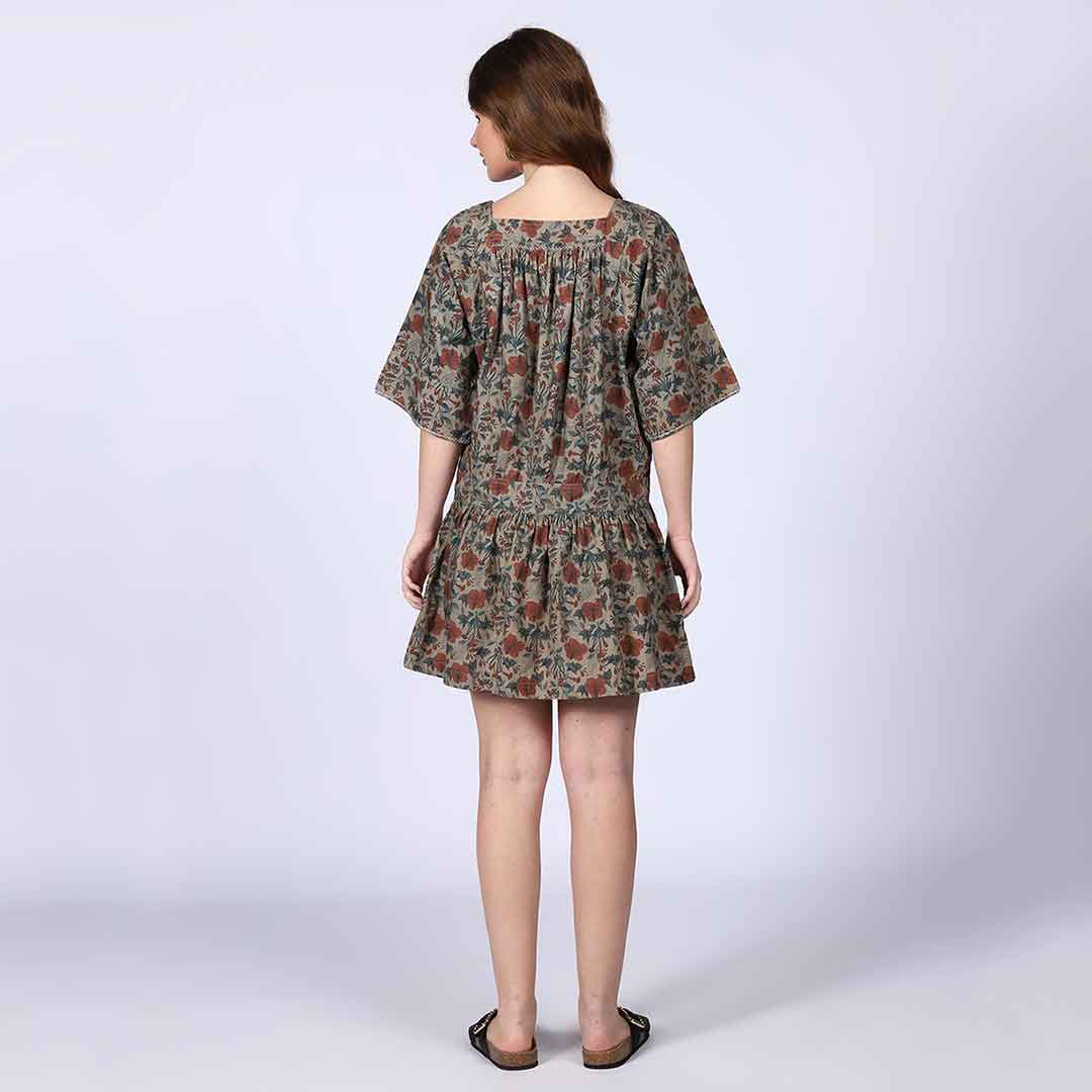 Saint Peyton Olive Printed Floral Cotton Poplin Mini Dress