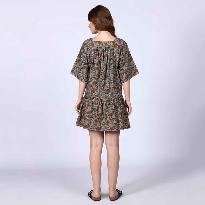 Saint Peyton Olive Printed Floral Cotton Poplin Mini Dress