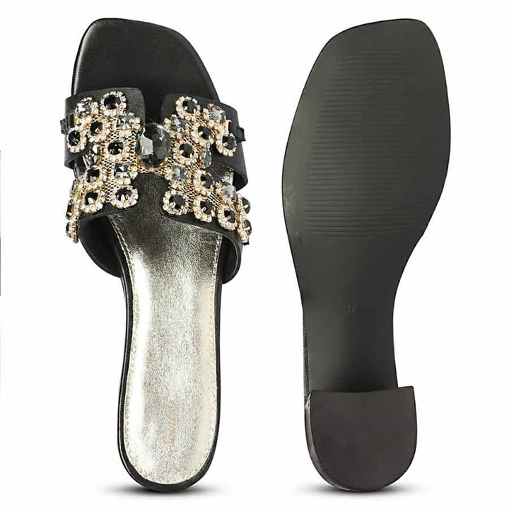 Saint Fiorenza Stone Embroidered Black Leather Block Heels