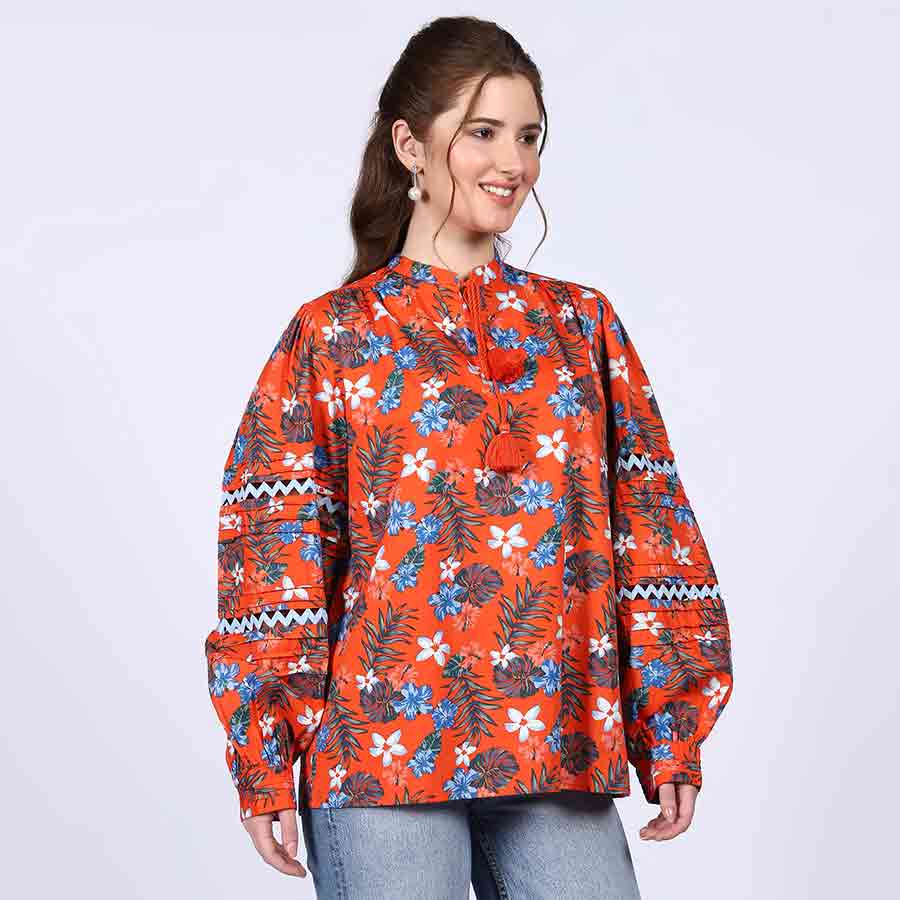 Saint Womens Orange Multicolour Cotton Poplin Top