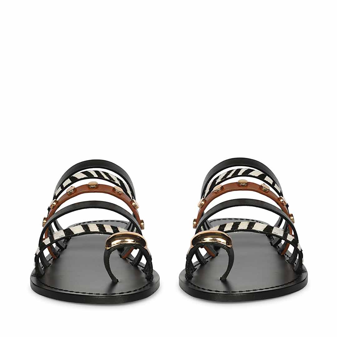 Saint Monaco Zebra Print Black Leather Flat Sandals