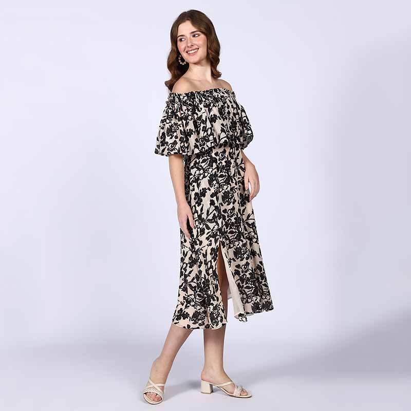 Saint Quinn Black Floral off Shoulder Midi Dress
