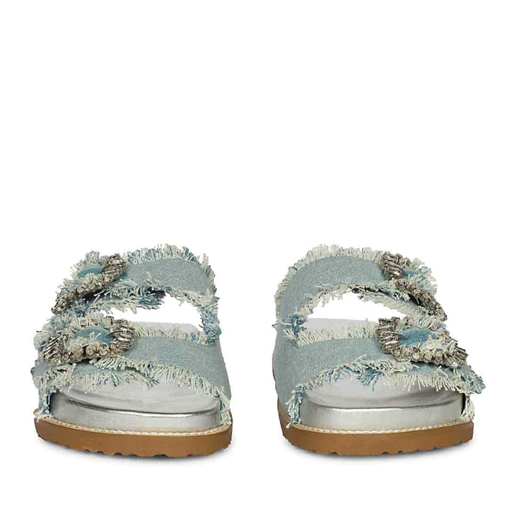 Saint Riviera Crystal Buckle Sky Denim Footbed Sandals