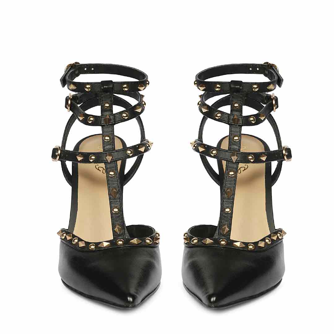 Saint Brittany Crystal Stone Black Leather High Heels