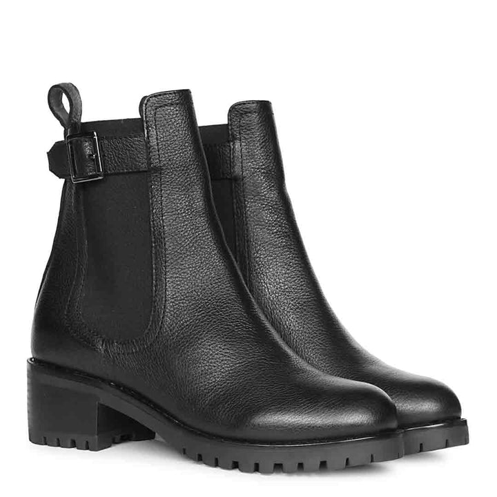 Saint Nalani Buckle Decor Black Leather Ankle Boots
