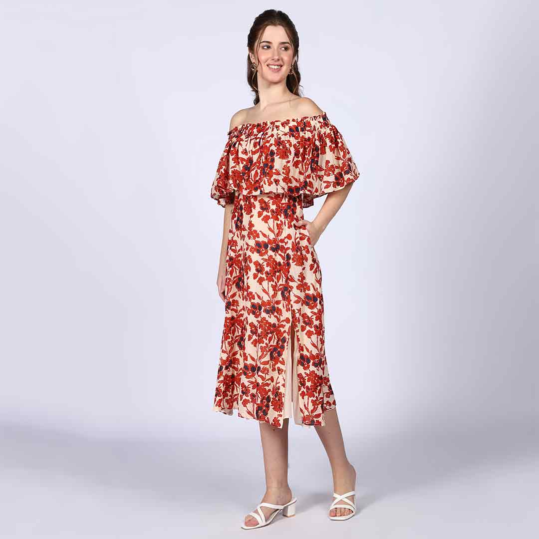 Saint Scarlett Ivory Red Off-Shoulder Midi Dress