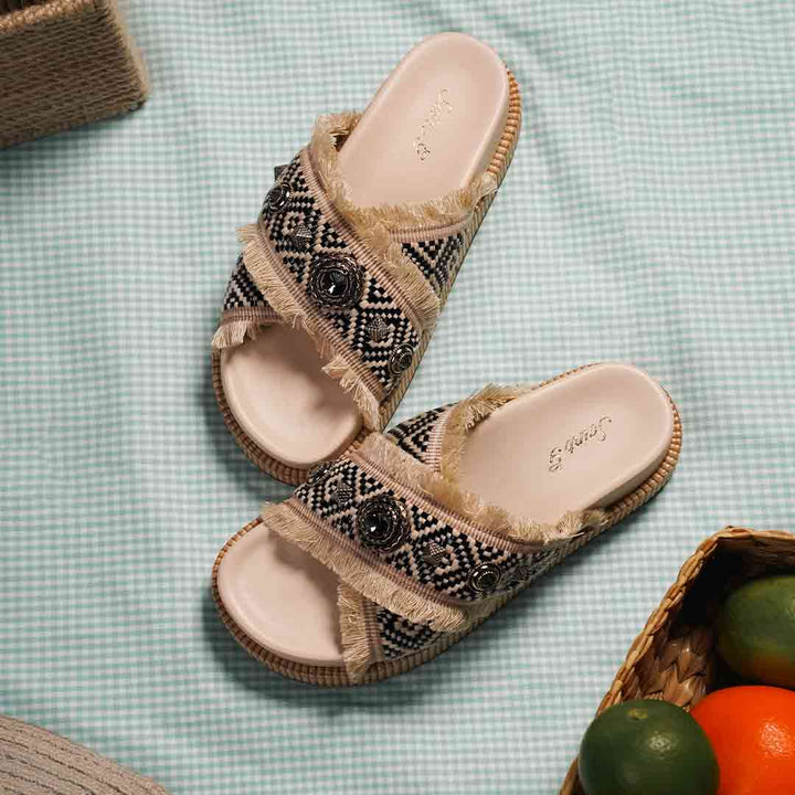 Saint Lenora Raffia Fringe Beige Leather Platform Sandals