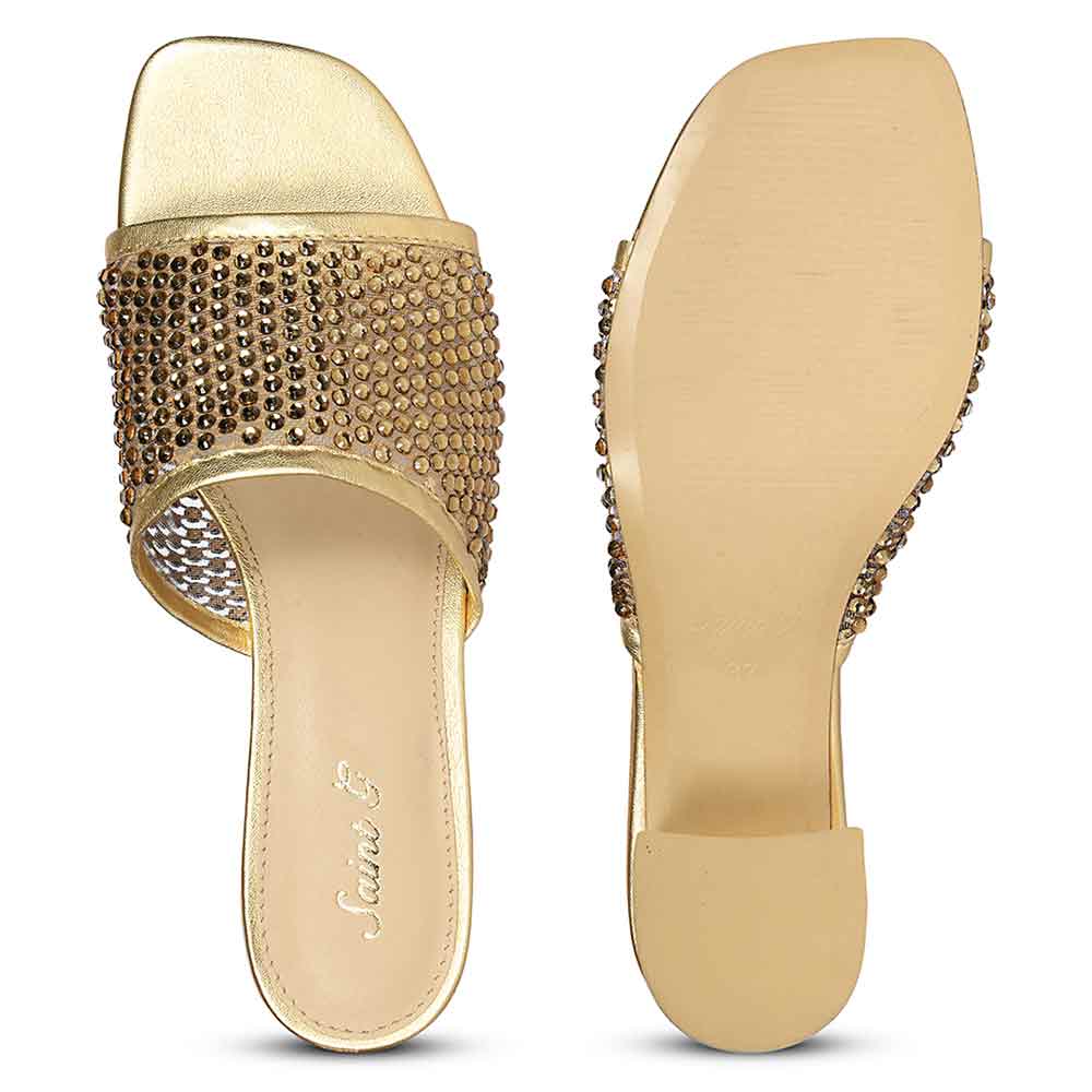 Saint Valisa Crystal Gold Leather Block Heels