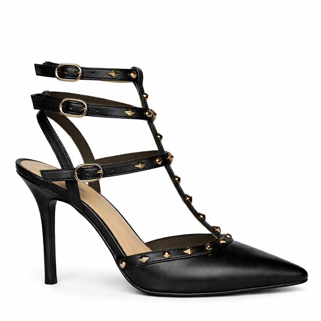 Saint Brittany Crystal Stone Black Leather High Heels