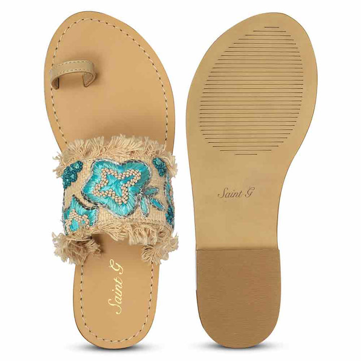 Saint Zuzu Turquoise Embroidered Leather Flats