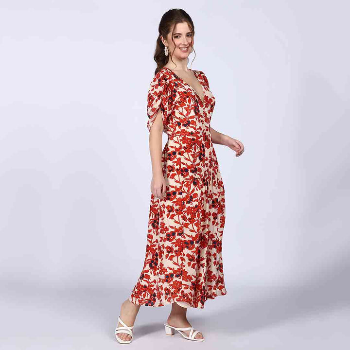 Saint Giselle Ivory Red Deep V-Neck Viscose Dress