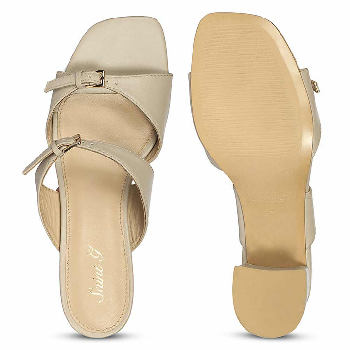 Saint Ellery Buckle Beige Leather Block Heel Sandals