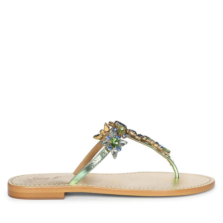 Saint Fleur Multi Stone Metallic Green Leather Flats