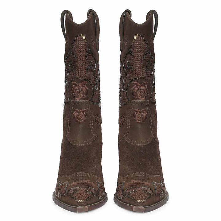 Saint Chloe Brown Suede Leather Western Boots