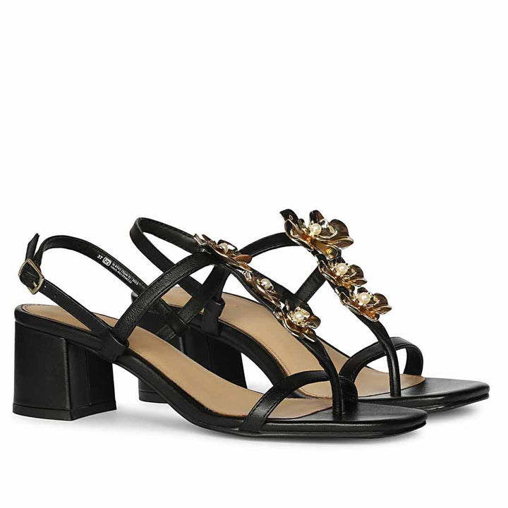 Saint Dorian Gold Floral Embellished Leather Block Heels