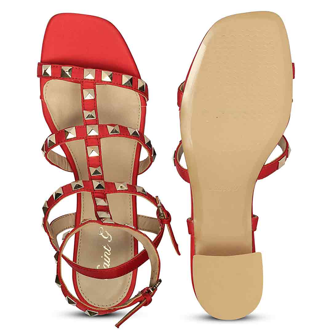 Saint Angela Metal Studded Double Buckle Red Heels