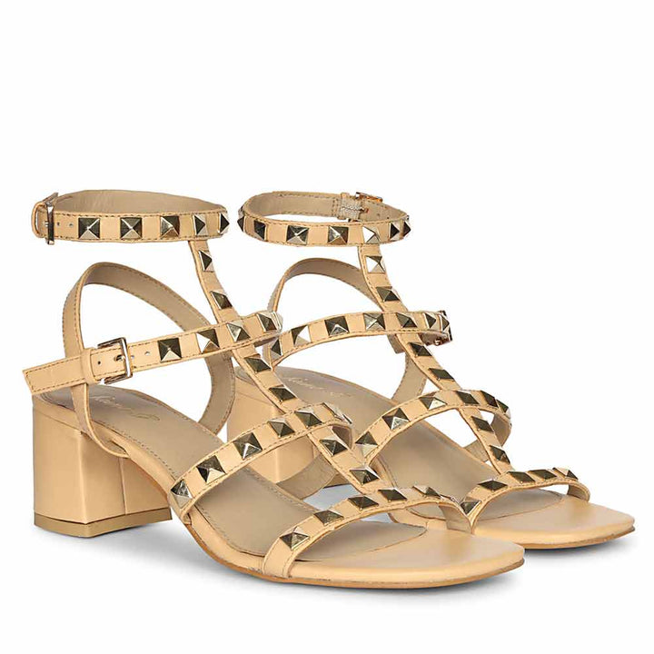 Saint Angela Gold Metal Double Buckle Porcini Block Heels