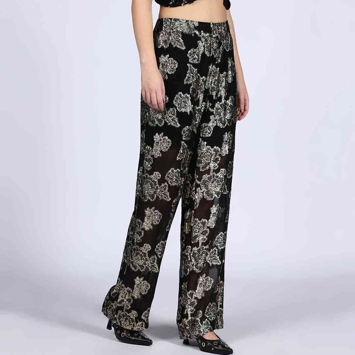 Saint Celeste Floral Lurex Crepe Wide-Leg Black Trousers