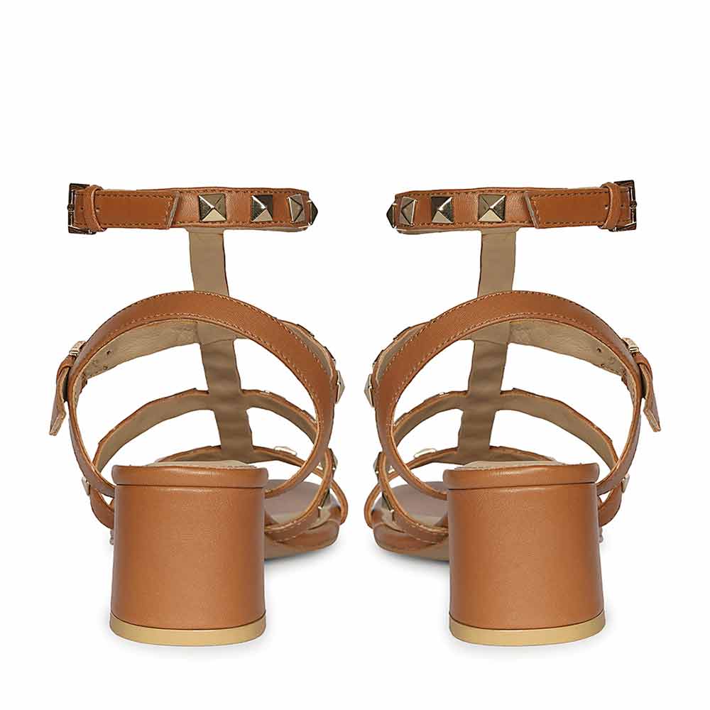 Saint Angela Gold Metal Double Buckle Tan Block Heels