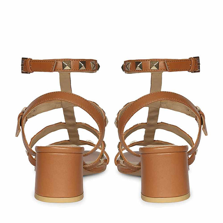 Saint Angela Gold Metal Double Buckle Tan Block Heels