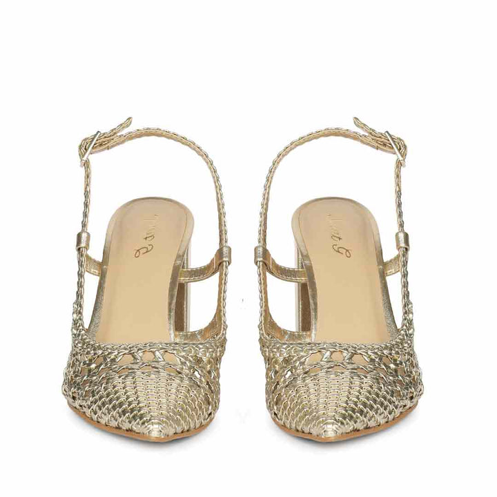 A pair of metallic gold slingback kitten heels with woven