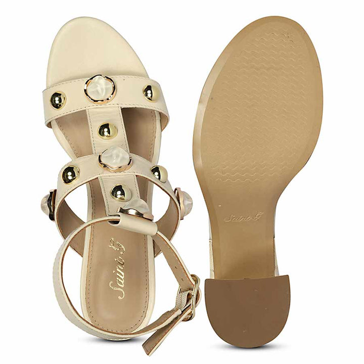 Saint Hope Studded Off white Leather Block Heels
