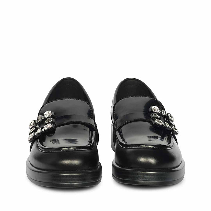 Saint Rue Crystal Buckle Black Abrasivato Leather Moccasins